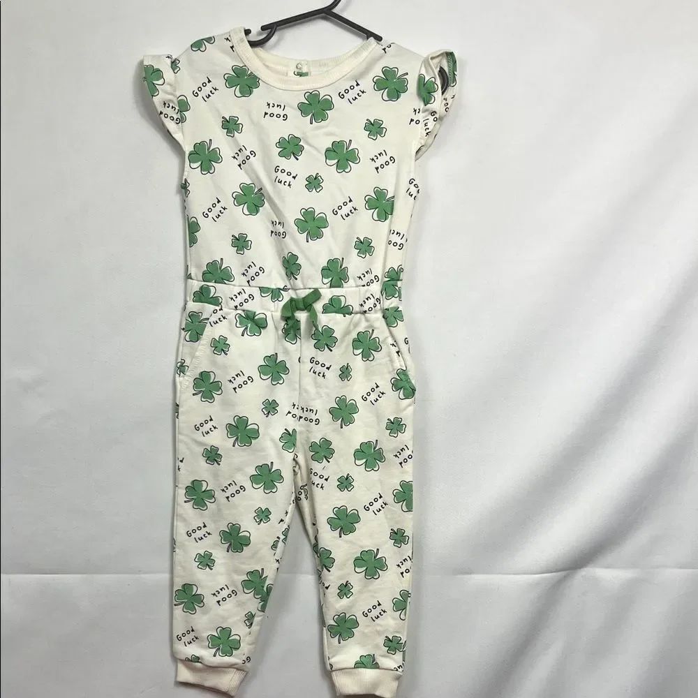 Wonder Nation French Terry clover Green and white good luck jumpsuit size 2T